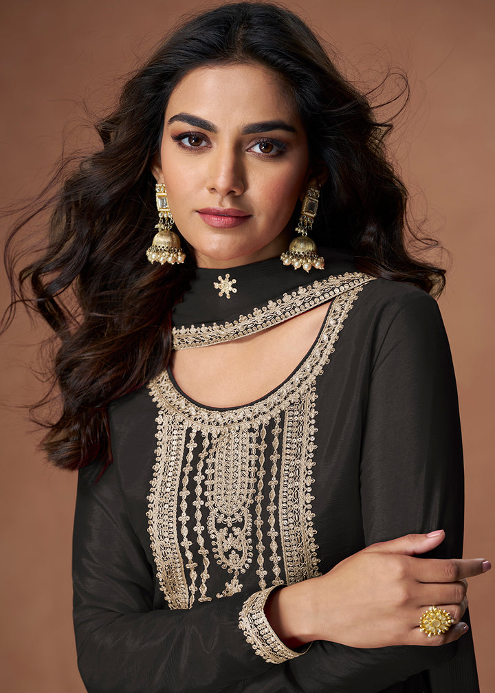 Buy Now Palazzo Style Black Embroidered Chinnon Wedding Suit Online in USA, UK, Canada, Germany, Italy, France, Denmark, UAE & Worldwide at Empress Clothing.