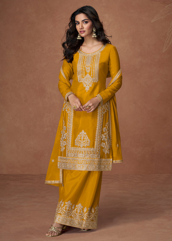 Buy Now Palazzo Style Yellow Embroidered Chinnon Wedding Suit Online in USA, UK, Canada, Germany, Italy, France, Denmark, UAE & Worldwide at Empress Clothing.