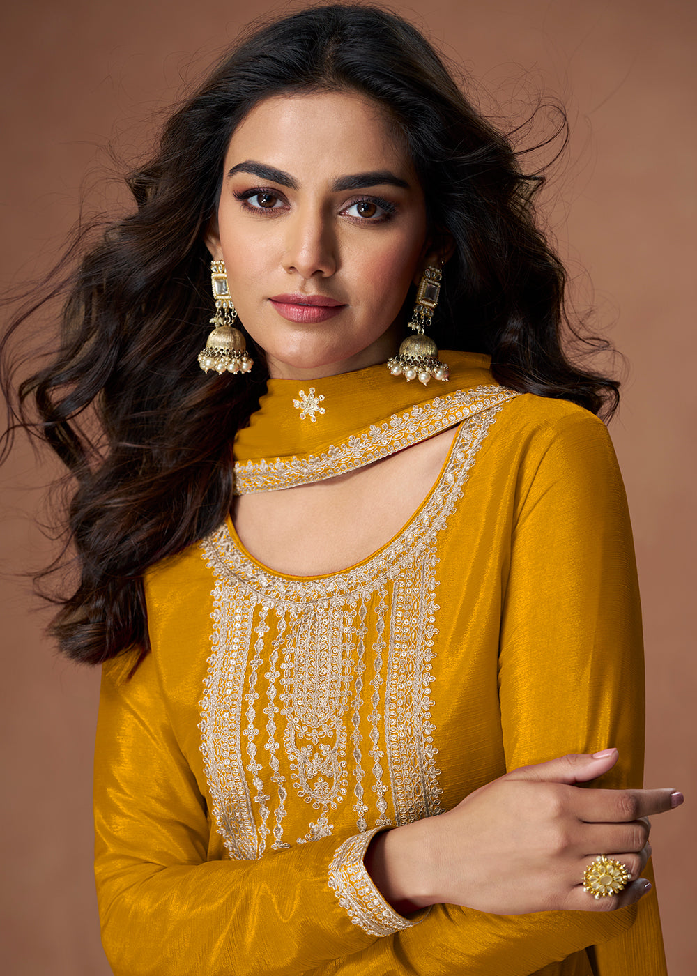 Buy Now Palazzo Style Yellow Embroidered Chinnon Wedding Suit Online in USA, UK, Canada, Germany, Italy, France, Denmark, UAE & Worldwide at Empress Clothing.