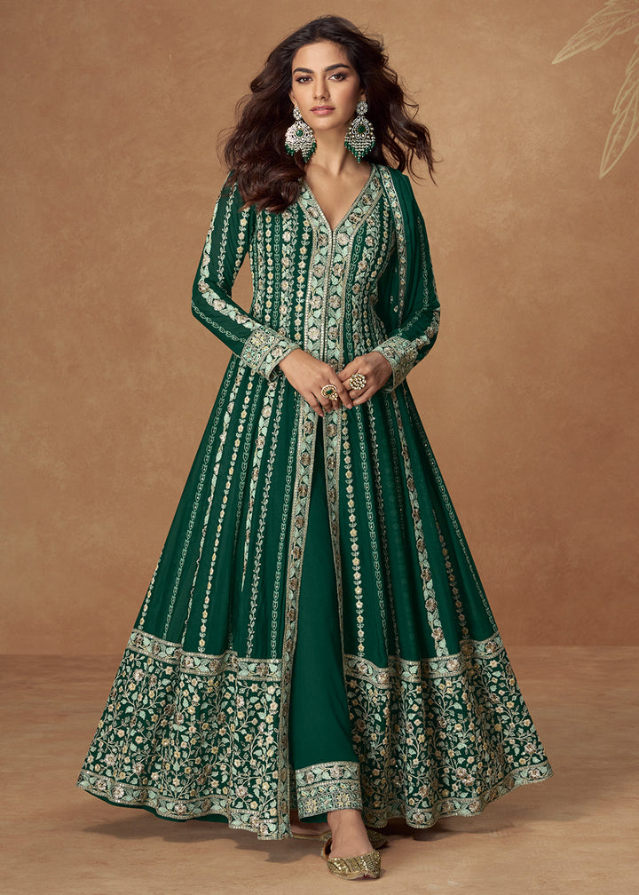 Buy Now Green Premium Embroidered Wedding Party Anarkali Suit Online in USA, UK, Germany, France, Italy, Canada, Australia, UAE, Africa & Worldwide at Empress.