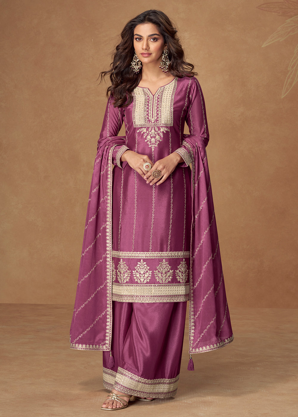 Buy Now Purple Chinnon Silk Embroidered Wedding Wear Suit Suit Online in USA, UK, Canada, Germany, Italy, France, Denmark, UAE & Worldwide at Empress Clothing.