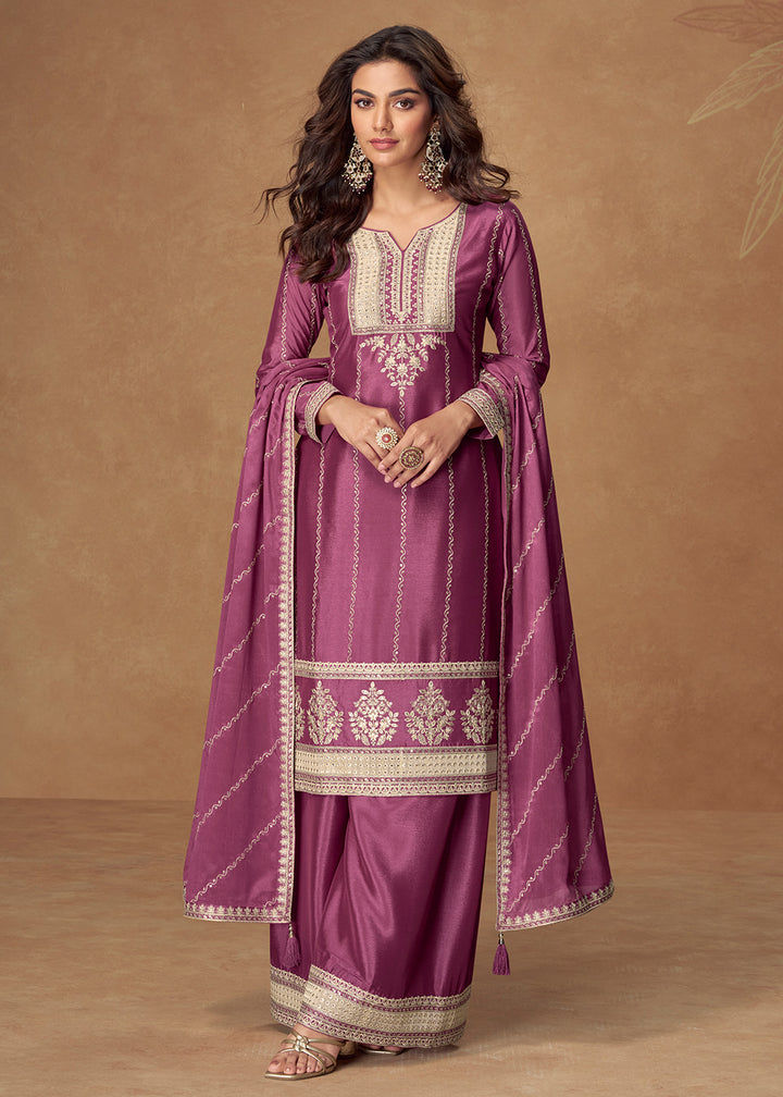 Buy Now Purple Chinnon Silk Embroidered Wedding Wear Suit Suit Online in USA, UK, Canada, Germany, Italy, France, Denmark, UAE & Worldwide at Empress Clothing.