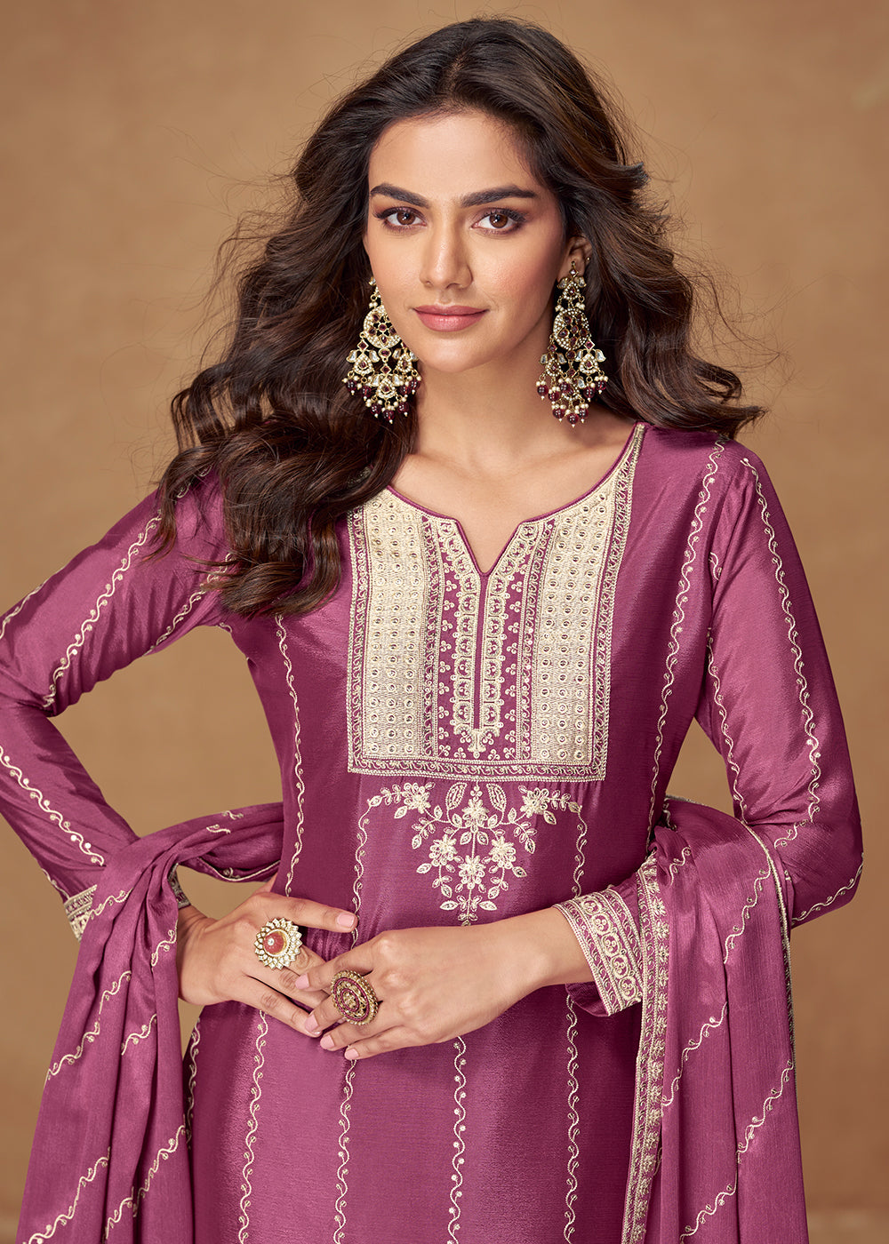 Buy Now Purple Chinnon Silk Embroidered Wedding Wear Suit Suit Online in USA, UK, Canada, Germany, Italy, France, Denmark, UAE & Worldwide at Empress Clothing.