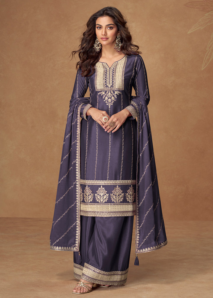 Buy Now Blue Chinnon Silk Embroidered Wedding Wear Suit Suit Online in USA, UK, Canada, Germany, Italy, France, Denmark, UAE & Worldwide at Empress Clothing.