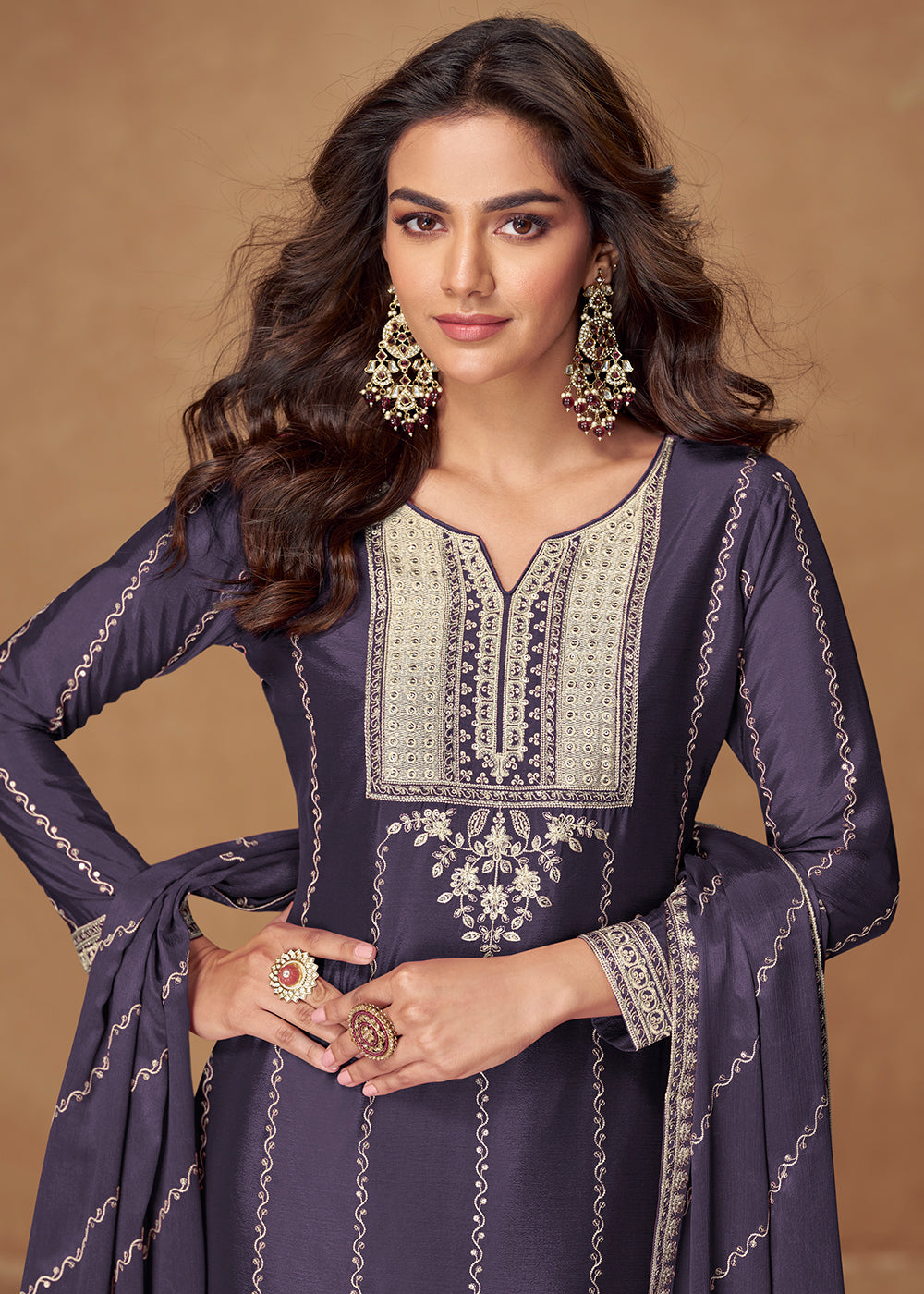 Buy Now Blue Chinnon Silk Embroidered Wedding Wear Suit Suit Online in USA, UK, Canada, Germany, Italy, France, Singapore, UAE & Worldwide at Empress Clothing.