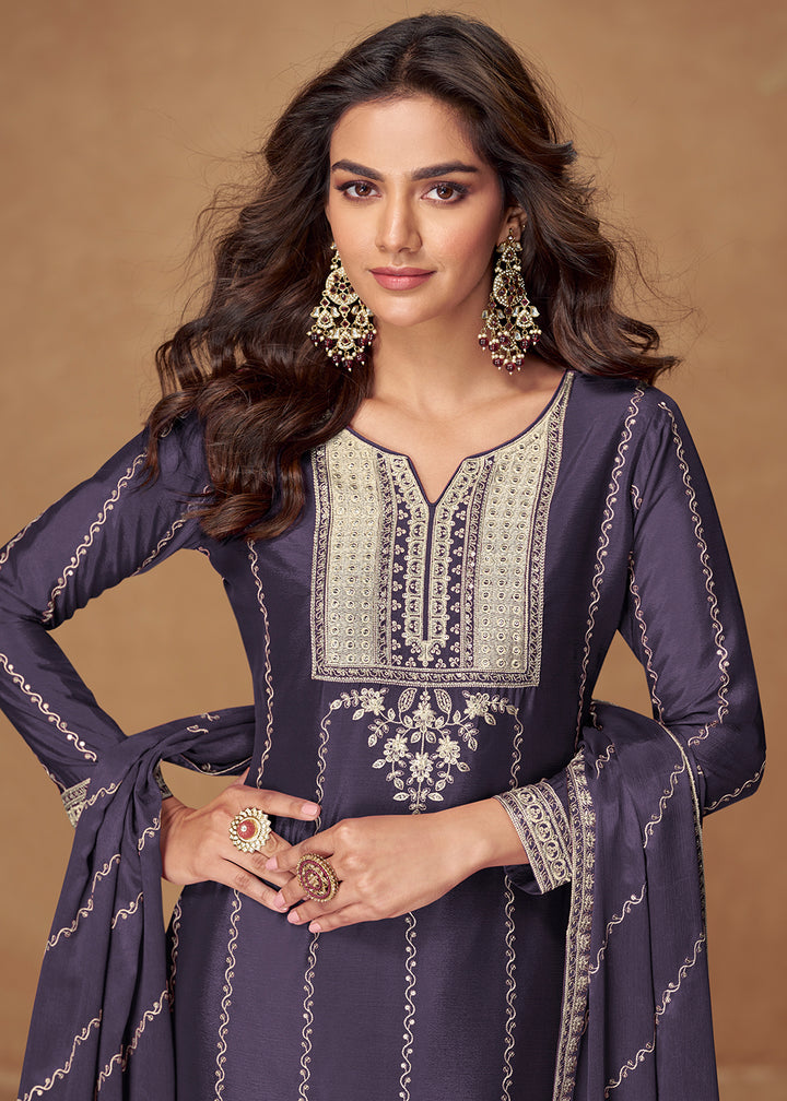 Buy Now Blue Chinnon Silk Embroidered Wedding Wear Suit Suit Online in USA, UK, Canada, Germany, Italy, France, Singapore, UAE & Worldwide at Empress Clothing.
