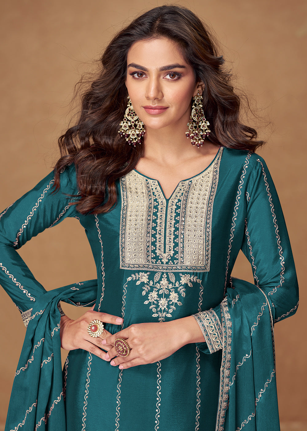 Buy Now Green Chinnon Silk Embroidered Wedding Wear Suit Suit Online in USA, UK, Canada, Germany, Italy, France, Singapore, UAE & Worldwide at Empress Clothing.