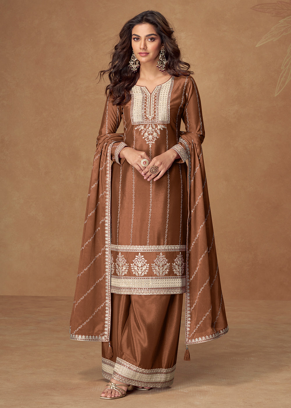 Buy Now Brown Chinnon Silk Embroidered Wedding Wear Suit Suit Online in USA, UK, Canada, Germany, Italy, France, Singapore, UAE & Worldwide at Empress Clothing.