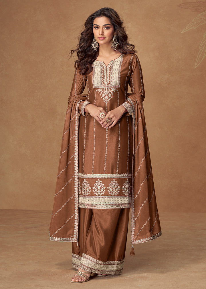 Buy Now Brown Chinnon Silk Embroidered Wedding Wear Suit Suit Online in USA, UK, Canada, Germany, Italy, France, Singapore, UAE & Worldwide at Empress Clothing.