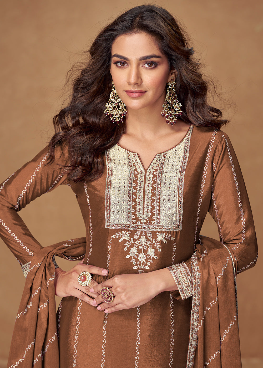 Buy Now Brown Chinnon Silk Embroidered Wedding Wear Suit Suit Online in USA, UK, Canada, Germany, Italy, France, Singapore, UAE & Worldwide at Empress Clothing.