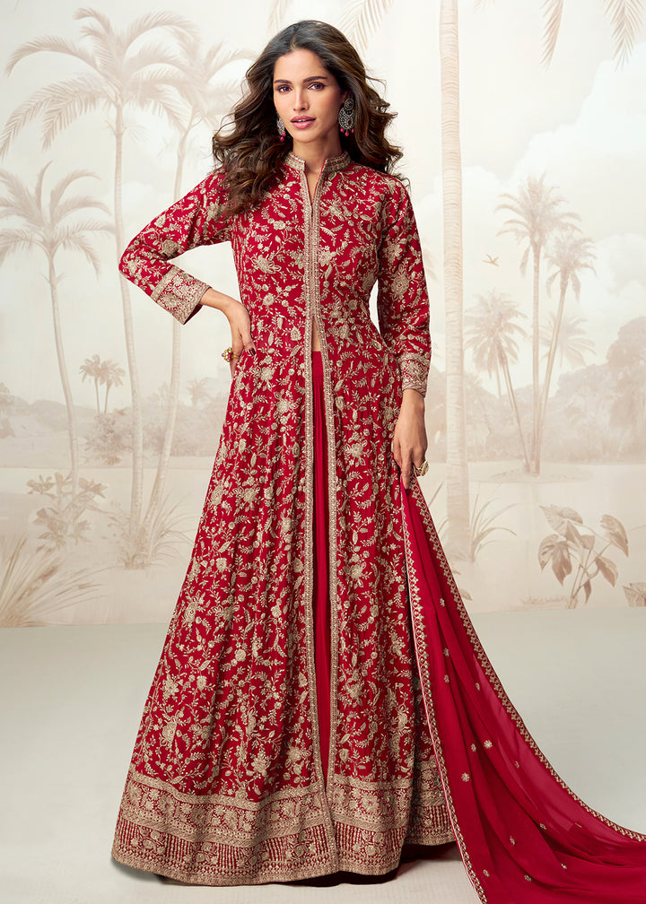 Buy Now Red Embroidered Slit Georgette Skirt Style Anarkali Suit Online in USA, UK, Germany, France, Italy, Canada, Australia & Worldwide at Empress Clothing.