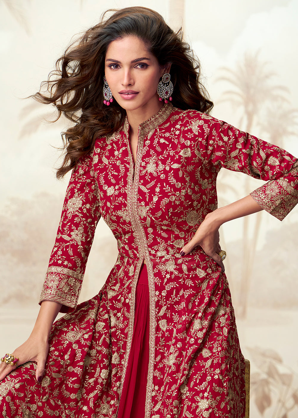 Buy Now Red Embroidered Slit Georgette Skirt Style Anarkali Suit Online in USA, UK, Germany, France, Italy, Canada, Australia & Worldwide at Empress Clothing.