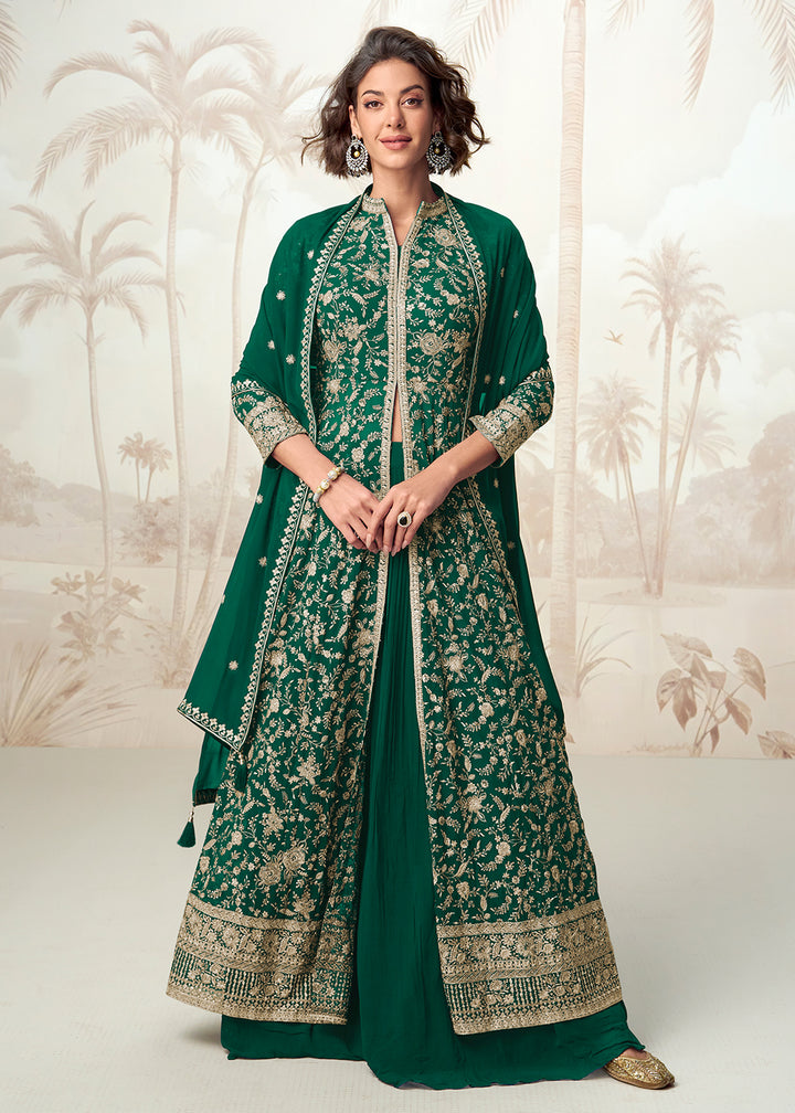 Buy Now Green Embroidered Slit Georgette Skirt Style Anarkali Suit Online in USA, UK, Germany, France, Italy, Canada, Australia & Worldwide at Empress Clothing.