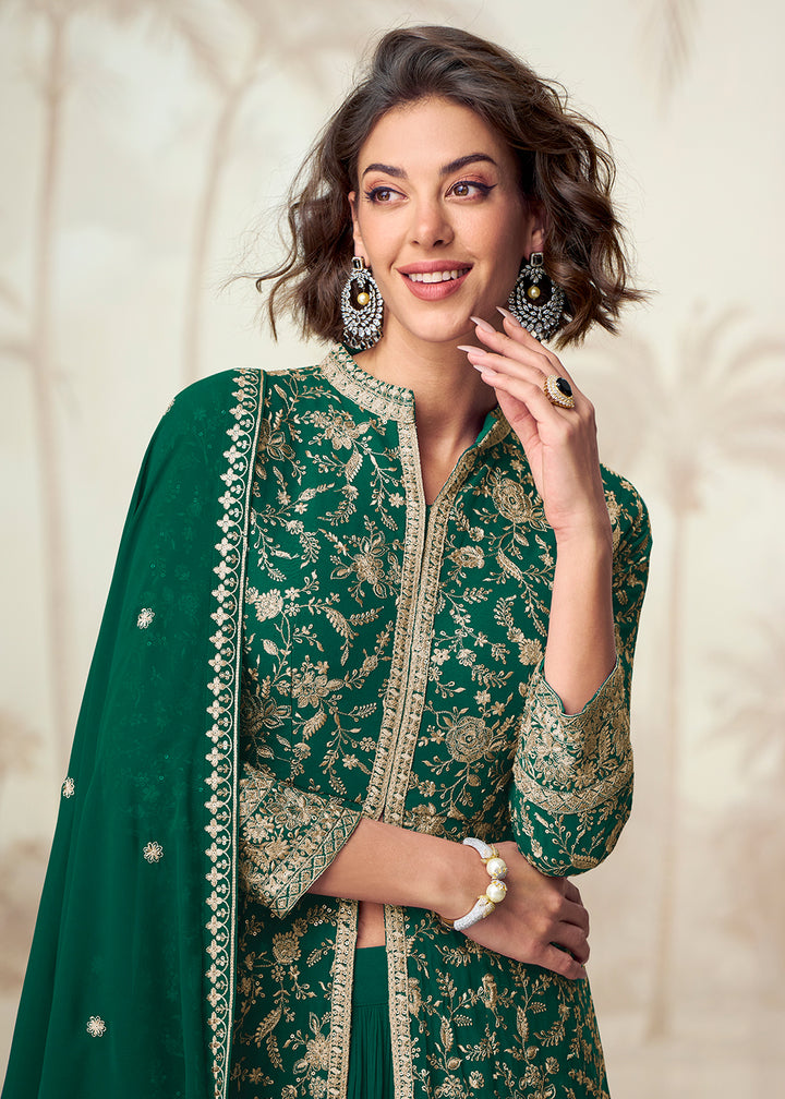 Buy Now Green Embroidered Slit Georgette Skirt Style Anarkali Suit Online in USA, UK, Germany, France, Italy, Canada, Australia & Worldwide at Empress Clothing.