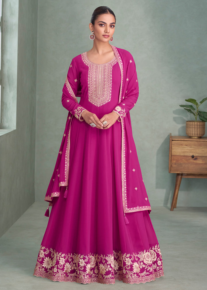 Buy Now Rani Pink Real Georgette Embroidered Festive Anarkali Suit Online in USA, UK, Germany, France, Italy, Canada, Australia & Worldwide at Empress Clothing.