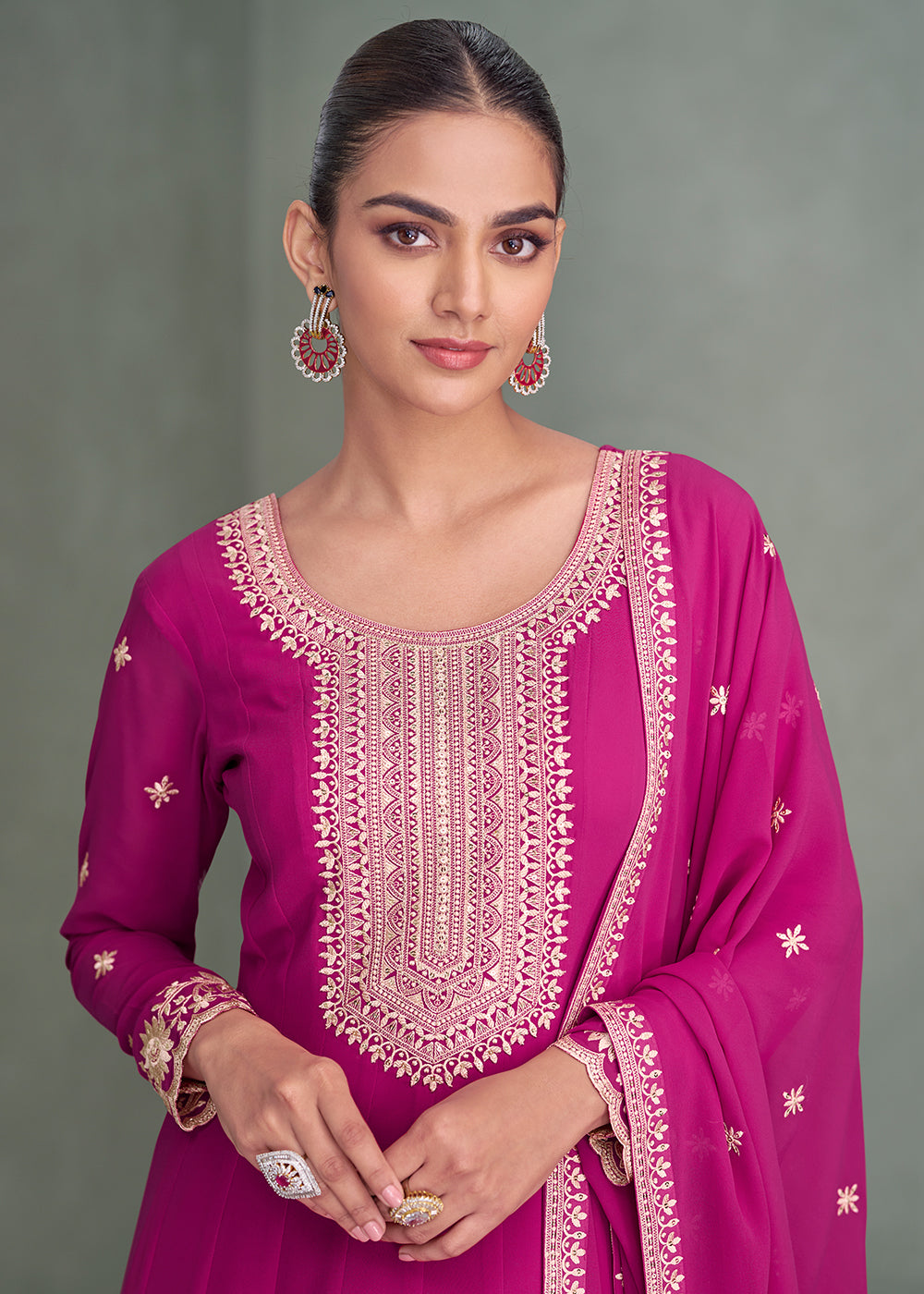 Buy Now Rani Pink Real Georgette Embroidered Festive Anarkali Suit Online in USA, UK, Germany, France, Italy, Canada, Australia & Worldwide at Empress Clothing.