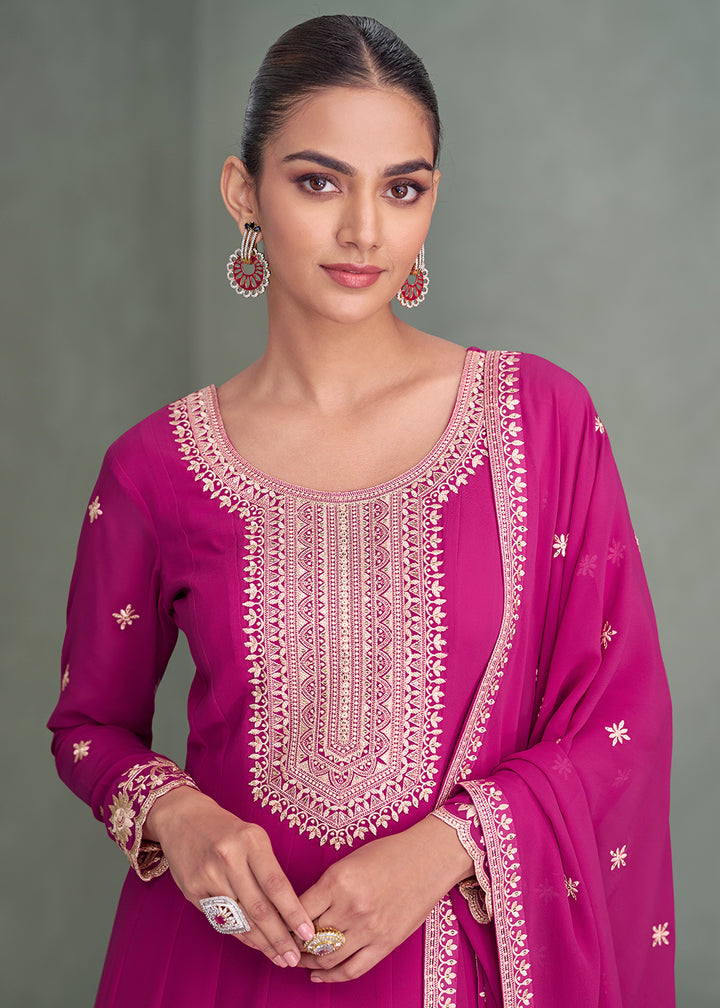 Buy Now Rani Pink Real Georgette Embroidered Festive Anarkali Suit Online in USA, UK, Germany, France, Italy, Canada, Australia & Worldwide at Empress Clothing.