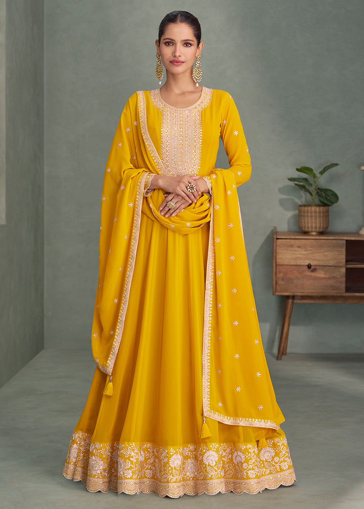 Buy Now Yellow Real Georgette Embroidered Festive Anarkali Suit Online in USA, UK, Germany, France, Italy, Canada, Australia & Worldwide at Empress Clothing.