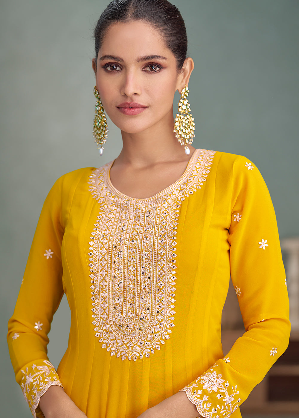 Buy Now Yellow Real Georgette Embroidered Festive Anarkali Suit Online in USA, UK, Germany, France, Italy, Canada, Australia & Worldwide at Empress Clothing.