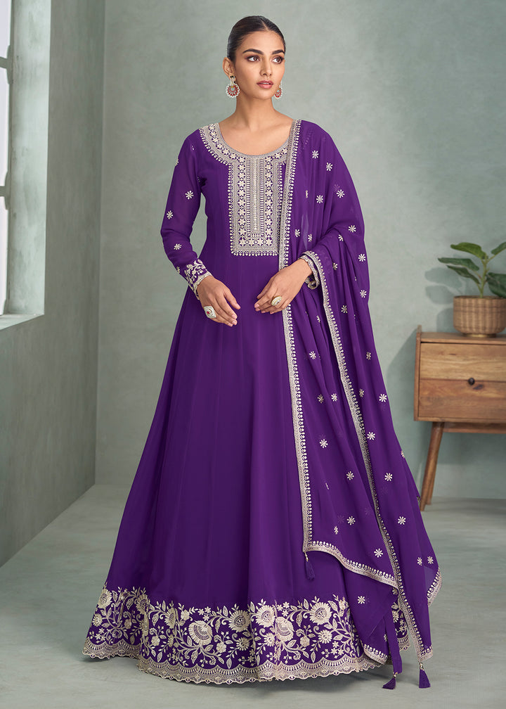 Buy Now Purple Real Georgette Embroidered Festive Anarkali Suit Online in USA, UK, Germany, France, Italy, Canada, Australia & Worldwide at Empress Clothing.