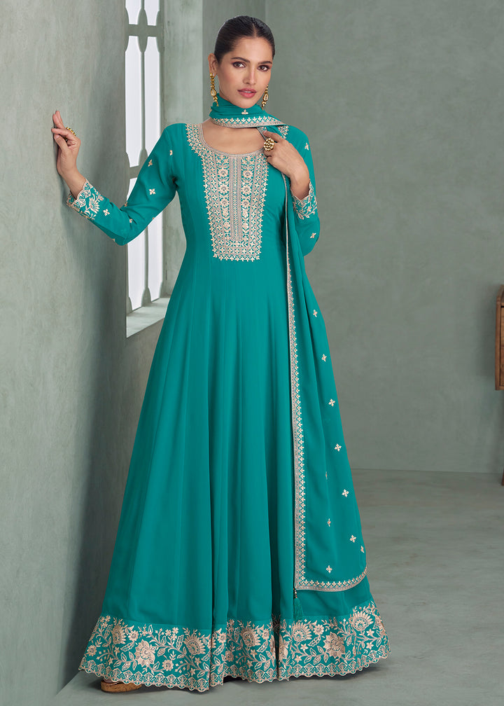 Buy Now Turquoise Real Georgette Embroidered Festive Anarkali Suit Online in USA, UK, Germany, France, Italy, Canada, Australia & Worldwide at Empress Clothing.