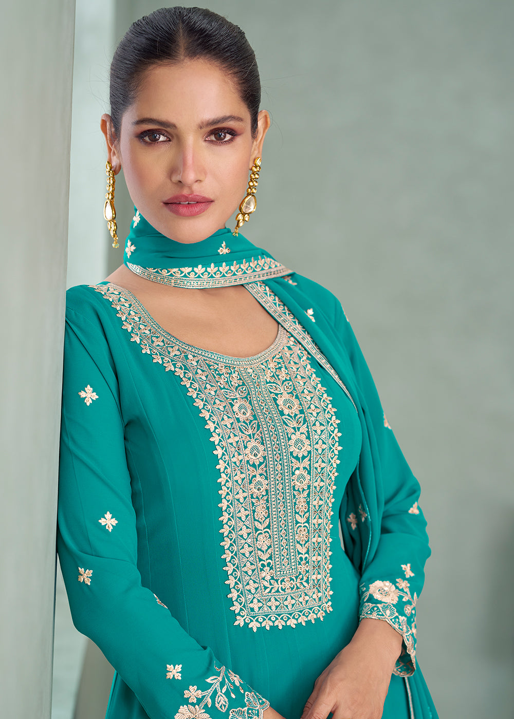 Buy Now Turquoise Real Georgette Embroidered Festive Anarkali Suit Online in USA, UK, Germany, France, Italy, Canada, Australia & Worldwide at Empress Clothing.