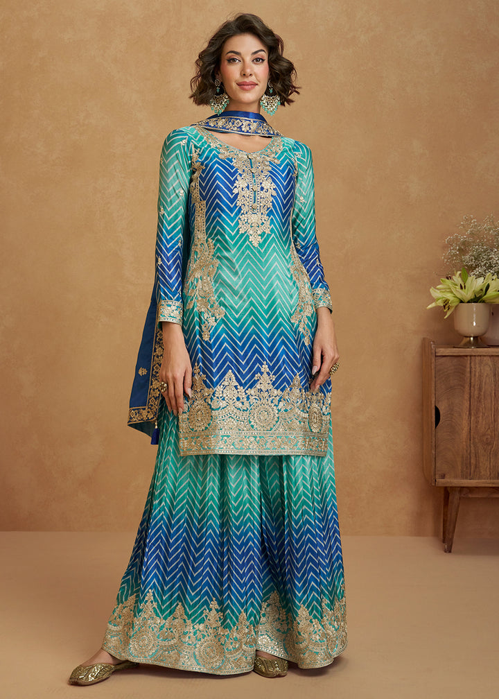 Buy Now Ombre Style Aqua & Blue Festive Wear Palazzo Suit Online in USA, UK, Canada, Germany, Italy, France, UAE & Worldwide at Empress Clothing.