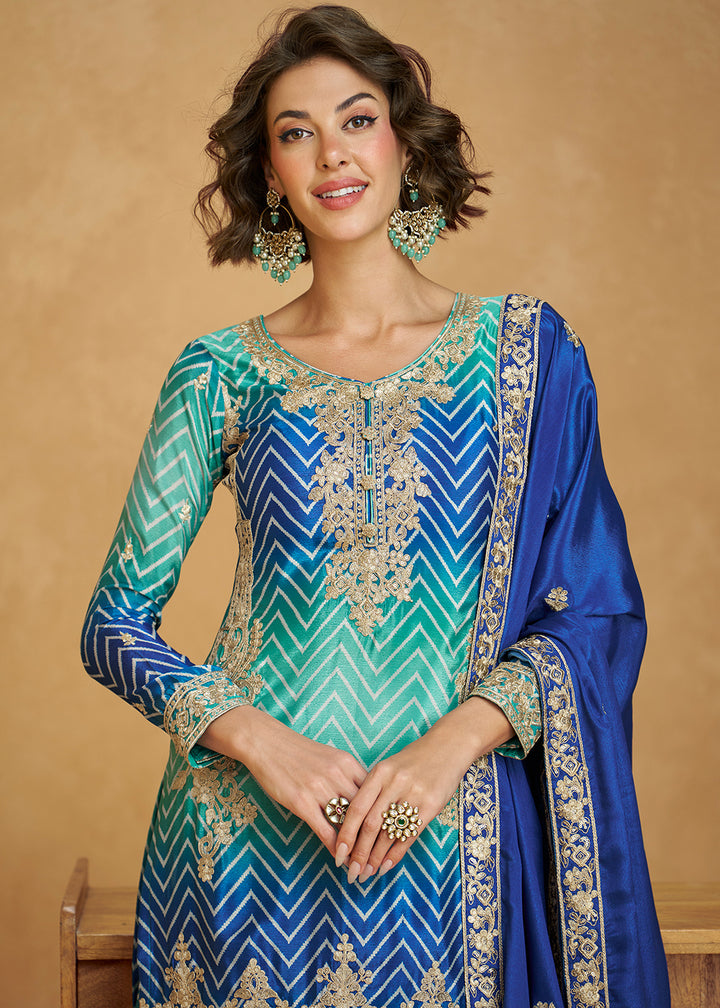 Buy Now Ombre Style Aqua & Blue Festive Wear Palazzo Suit Online in USA, UK, Canada, Germany, Italy, France, UAE & Worldwide at Empress Clothing.