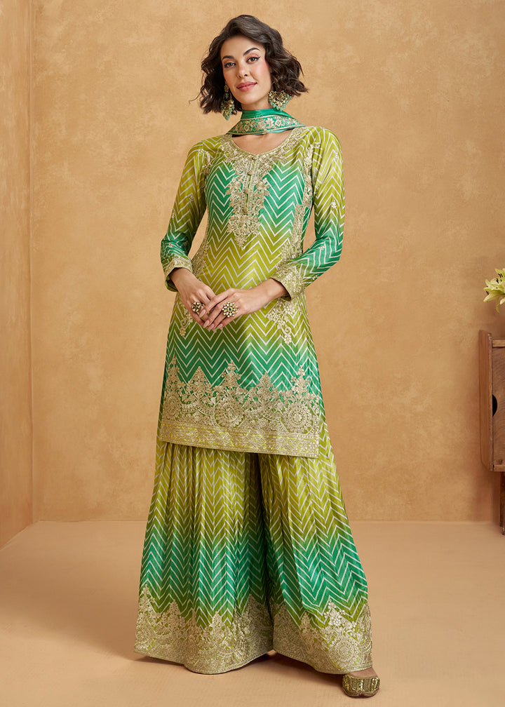 Buy Now Ombre Style Lime & Green Festive Wear Palazzo Suit Online in USA, UK, Canada, Germany, Italy, France, UAE & Worldwide at Empress Clothing. 