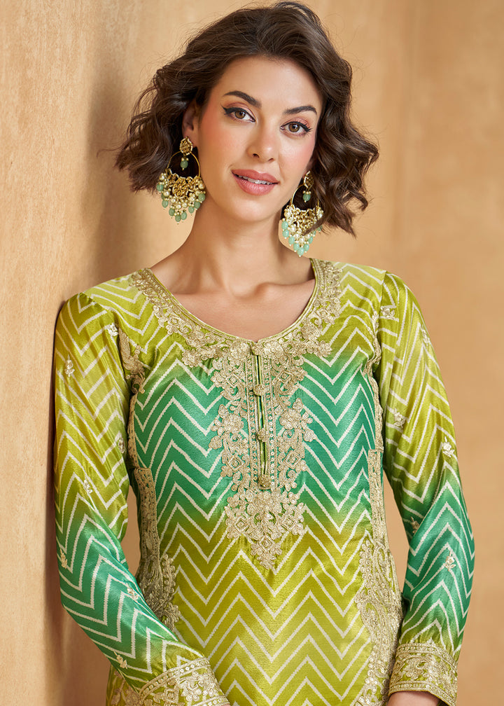 Buy Now Ombre Style Lime & Green Festive Wear Palazzo Suit Online in USA, UK, Canada, Germany, Italy, France, UAE & Worldwide at Empress Clothing. 