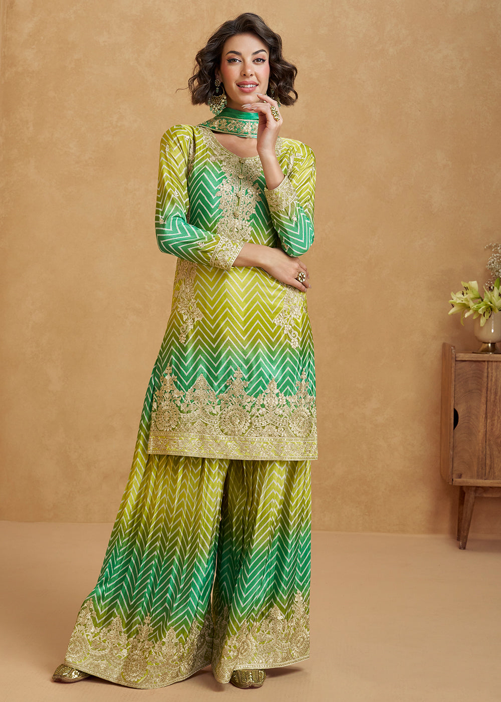 Buy Now Ombre Style Lime & Green Festive Wear Palazzo Suit Online in USA, UK, Canada, Germany, Italy, France, UAE & Worldwide at Empress Clothing. 
