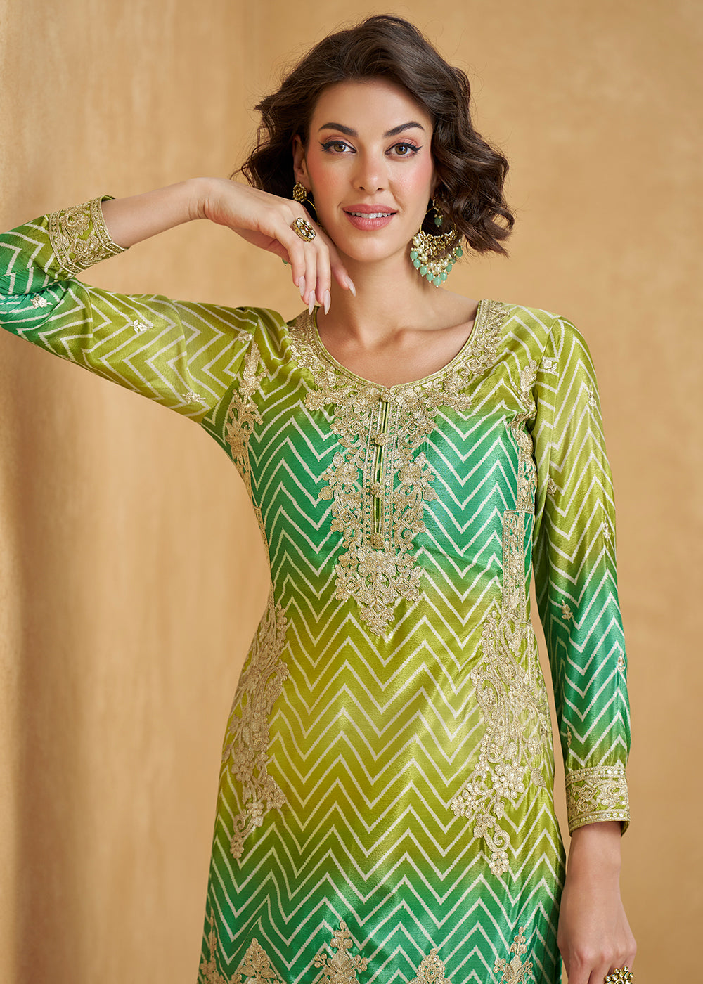 Buy Now Ombre Style Lime & Green Festive Wear Palazzo Suit Online in USA, UK, Canada, Germany, Italy, France, UAE & Worldwide at Empress Clothing. 