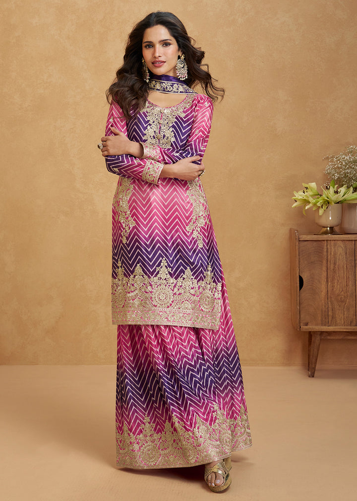 Buy Now Ombre Style Pink & Purple Festive Wear Palazzo Suit Online in USA, UK, Canada, Germany, Italy, France, UAE & Worldwide at Empress Clothing. 
