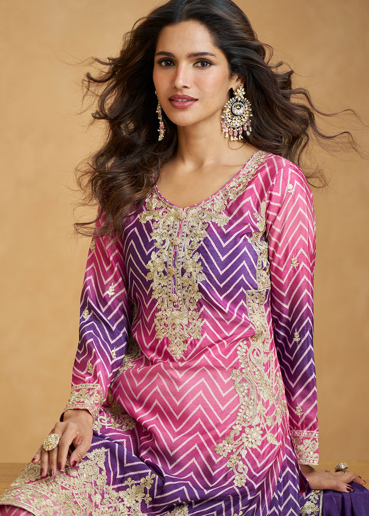 Buy Now Ombre Style Pink & Purple Festive Wear Palazzo Suit Online in USA, UK, Canada, Germany, Italy, France, UAE & Worldwide at Empress Clothing. 
