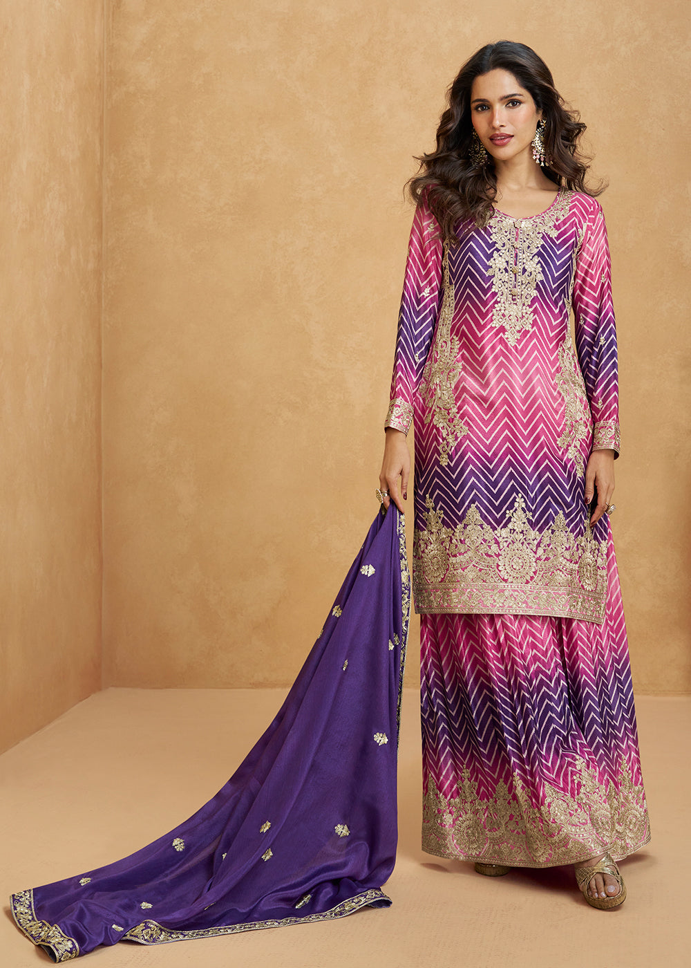 Buy Now Ombre Style Pink & Purple Festive Wear Palazzo Suit Online in USA, UK, Canada, Germany, Italy, France, UAE & Worldwide at Empress Clothing. 