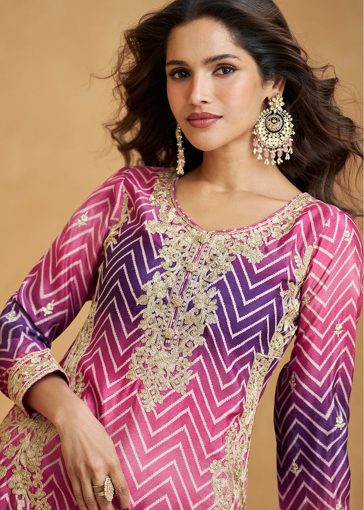 Buy Now Ombre Style Pink & Purple Festive Wear Palazzo Suit Online in USA, UK, Canada, Germany, Italy, France, UAE & Worldwide at Empress Clothing. 