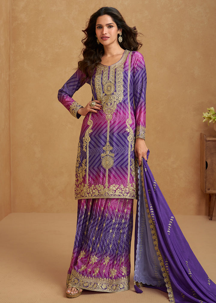 Buy Now Premium Purple & Magenta Festive Style Palazzo Suit Online in US, UK, Canada, Germany, Italy, France, Austria, Denmark, Australia & Worldwide at Empress.