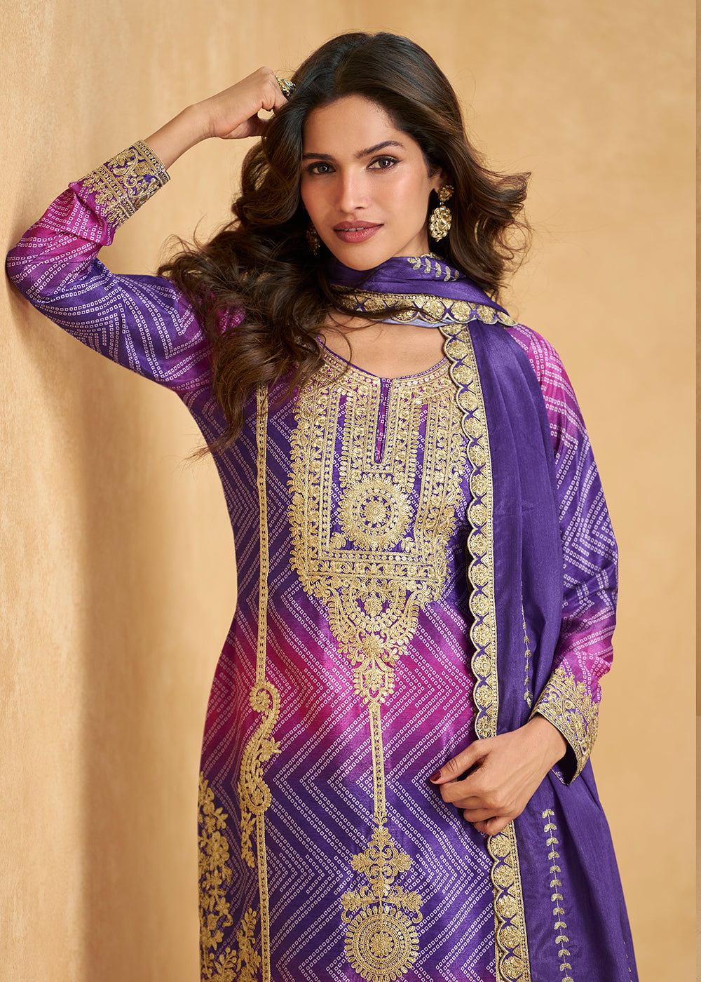 Buy Now Premium Purple & Magenta Festive Style Palazzo Suit Online in US, UK, Canada, Germany, Italy, France, Austria, Denmark, Australia & Worldwide at Empress.