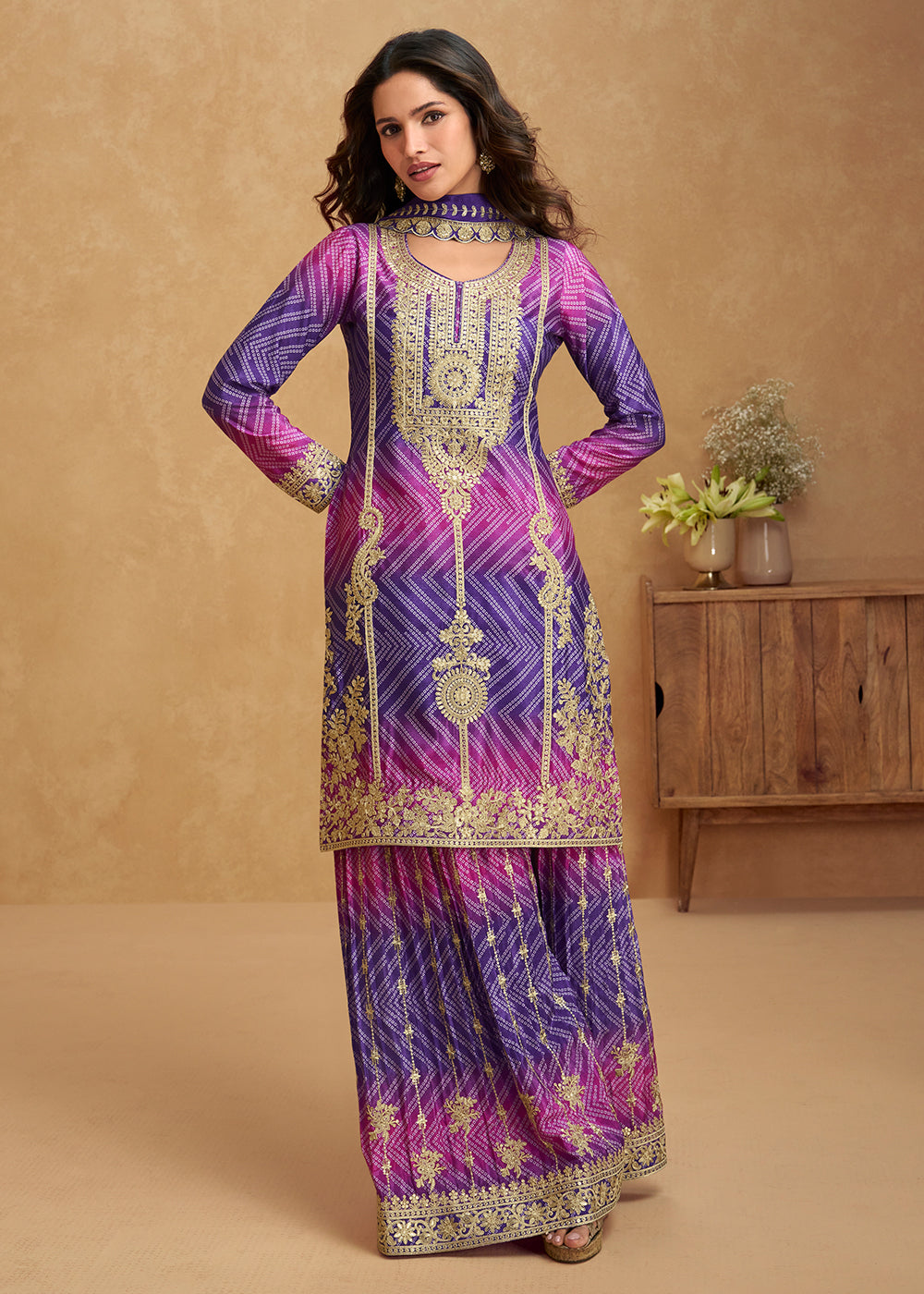 Buy Now Premium Purple & Magenta Festive Style Palazzo Suit Online in US, UK, Canada, Germany, Italy, France, Austria, Denmark, Australia & Worldwide at Empress.