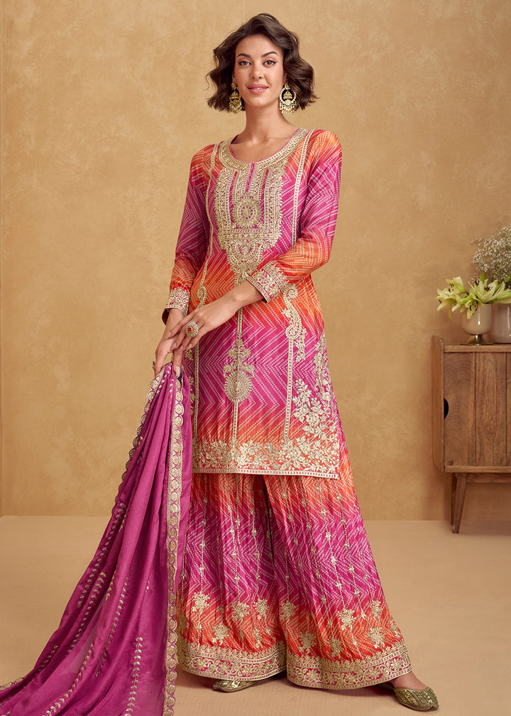 Buy Now Premium Orange & Pink Festive Style Palazzo Suit Online in US, UK, Canada, Germany, Italy, France, Austria, Denmark, Australia & Worldwide at Empress.