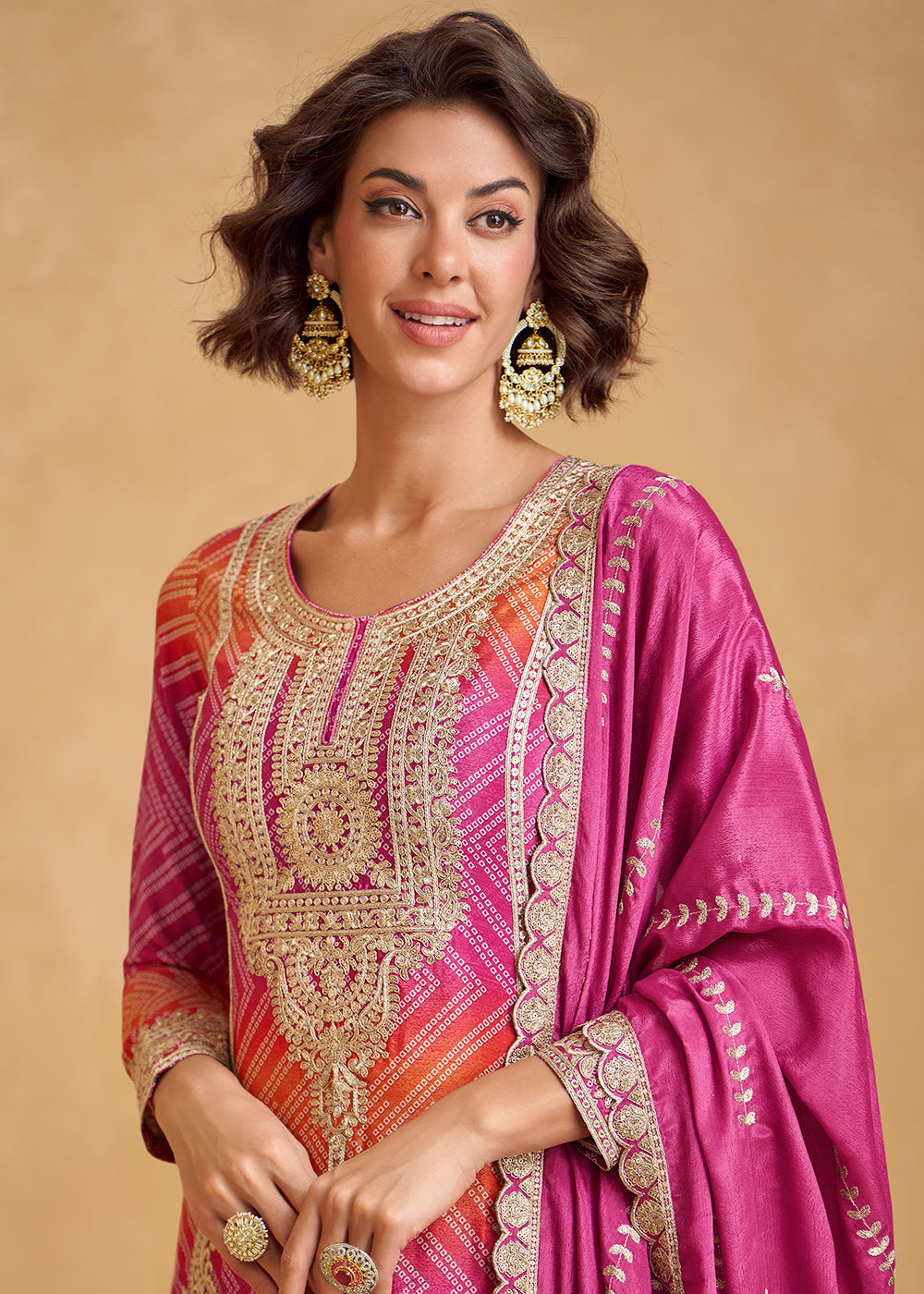 Buy Now Premium Orange & Pink Festive Style Palazzo Suit Online in US, UK, Canada, Germany, Italy, France, Austria, Denmark, Australia & Worldwide at Empress.