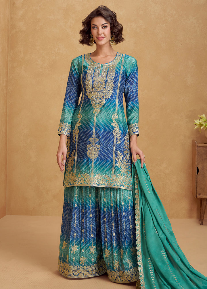 Buy Now Premium Rama & Blue Festive Style Palazzo Suit Online in US, UK, Canada, Germany, Italy, France, Austria, Denmark, Australia & Worldwide at Empress.
