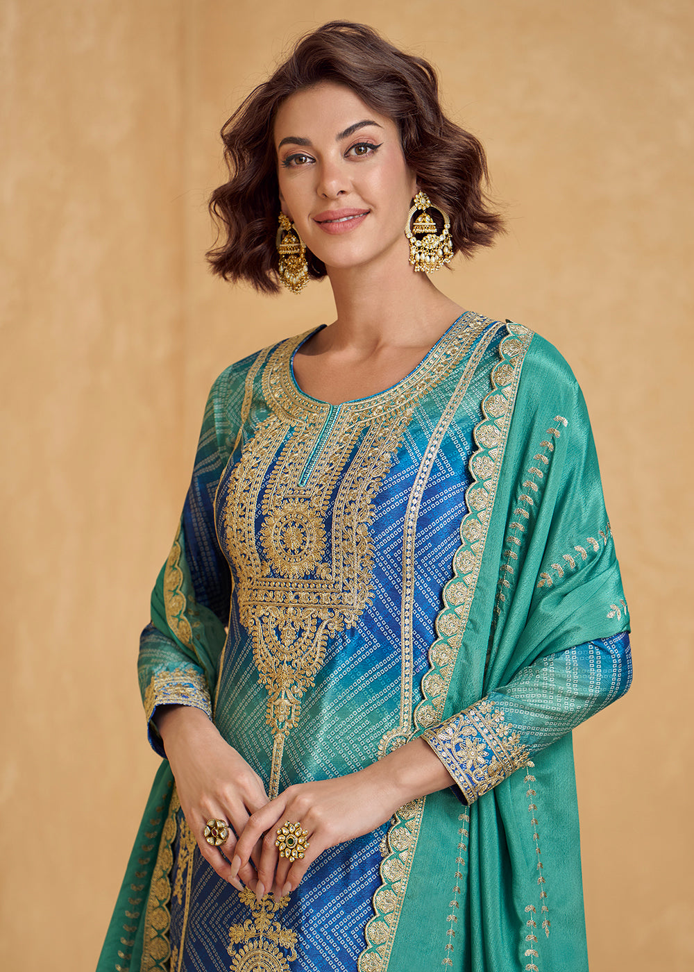 Buy Now Premium Rama & Blue Festive Style Palazzo Suit Online in US, UK, Canada, Germany, Italy, France, Austria, Denmark, Australia & Worldwide at Empress.