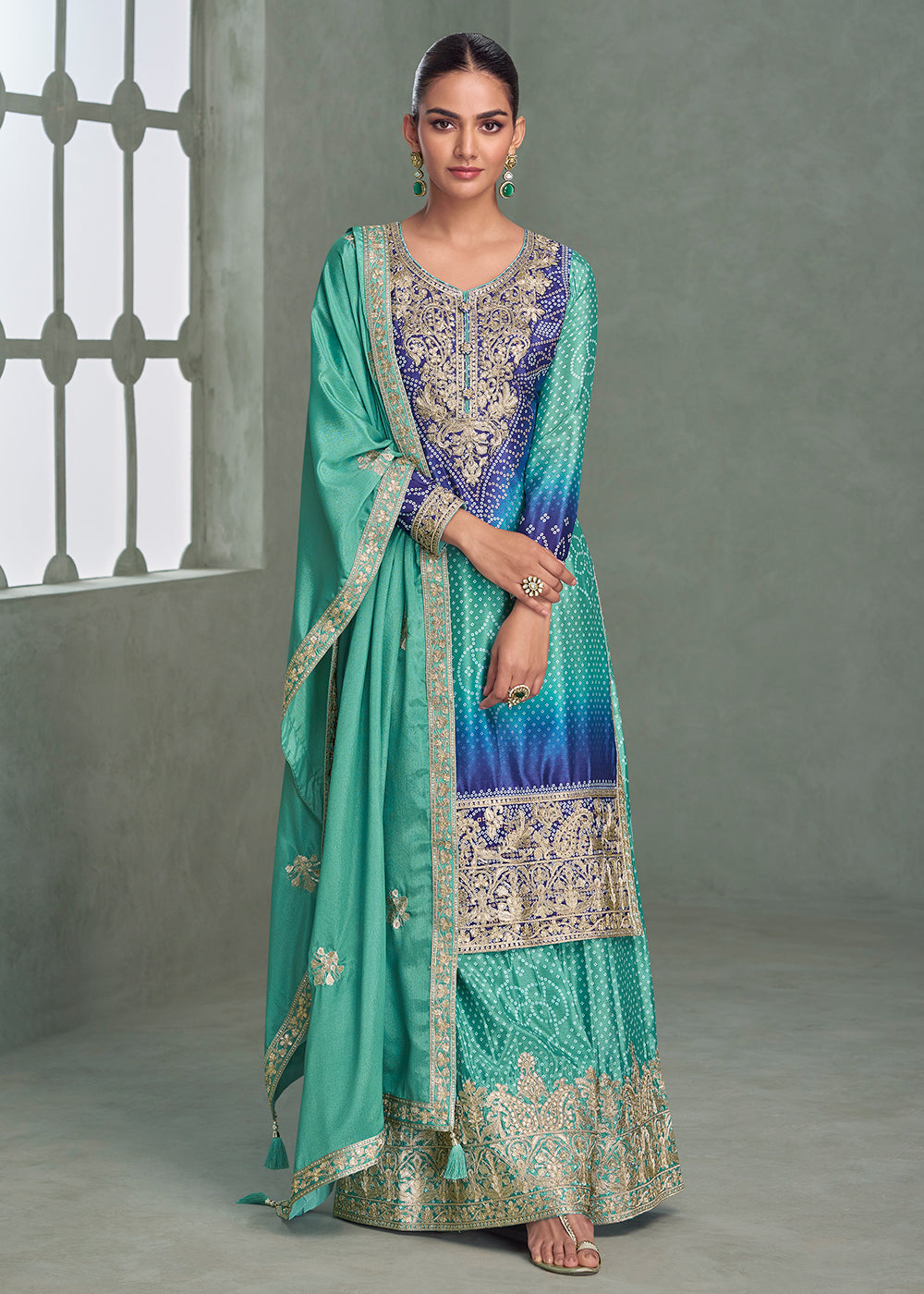 Buy Now Premium Ombre Turquoise & Blue Festive Style Palazzo Suit Online in Newark, Yorktown, Toronto, London, Orlando, Munich, Chicago & Worldwide at Empress.