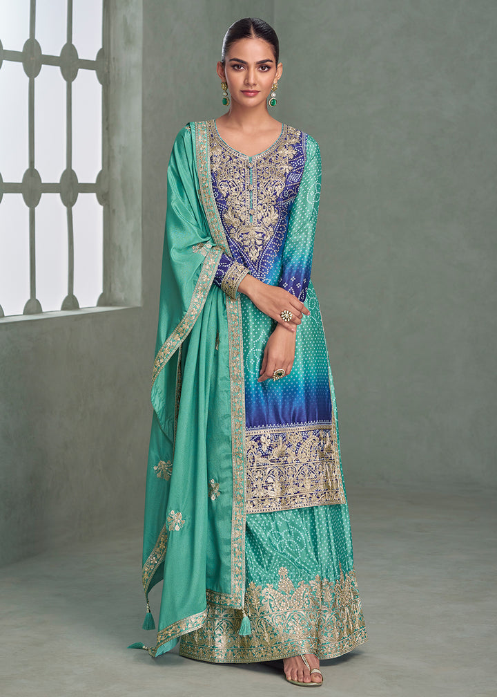 Buy Now Premium Ombre Turquoise & Blue Festive Style Palazzo Suit Online in Newark, Yorktown, Toronto, London, Orlando, Munich, Chicago & Worldwide at Empress.
