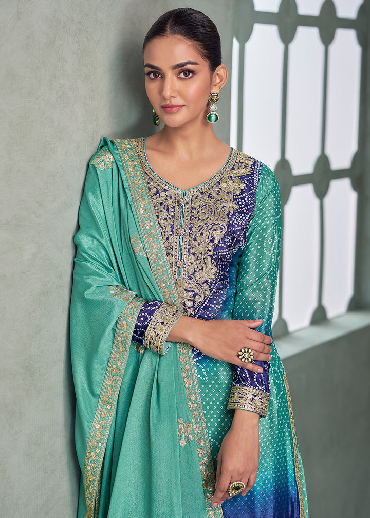 Buy Now Premium Ombre Turquoise & Blue Festive Style Palazzo Suit Online in Newark, Yorktown, Toronto, London, Orlando, Munich, Chicago & Worldwide at Empress.