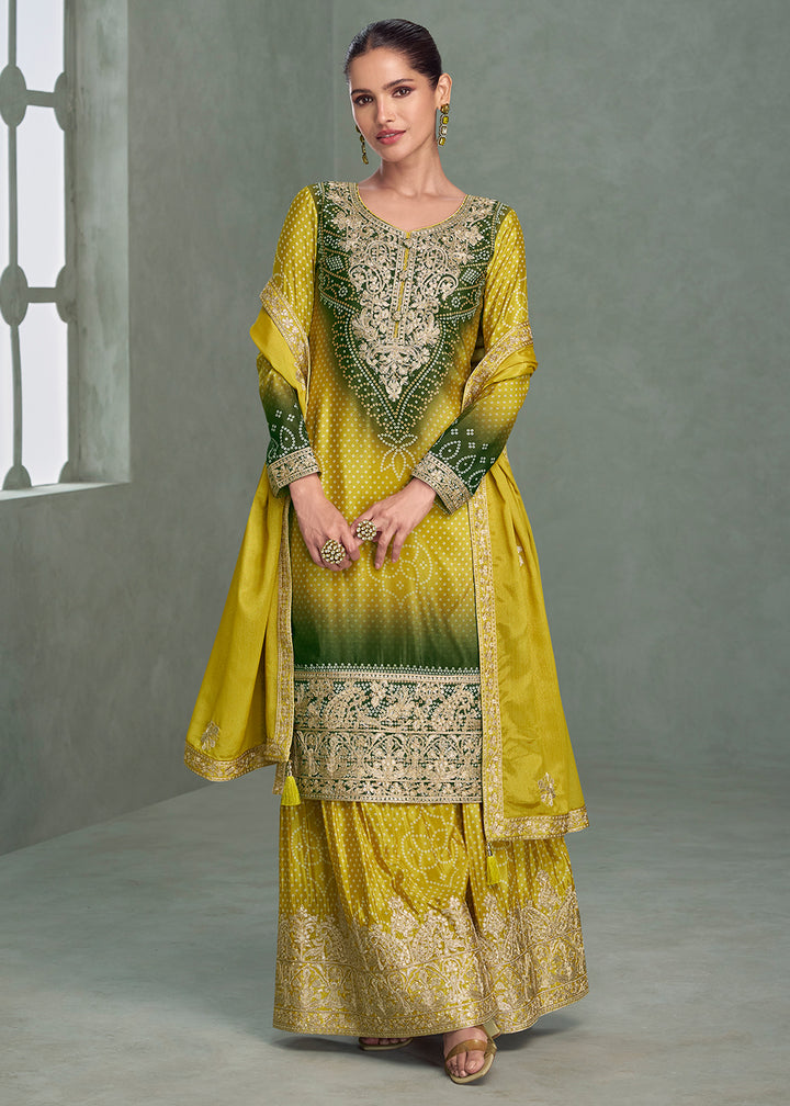 Buy Now Premium Ombre Mustard & Green Festive Style Palazzo Suit Online in Newark, Yorktown, Toronto, London, Orlando, Munich, Chicago & Worldwide at Empress.