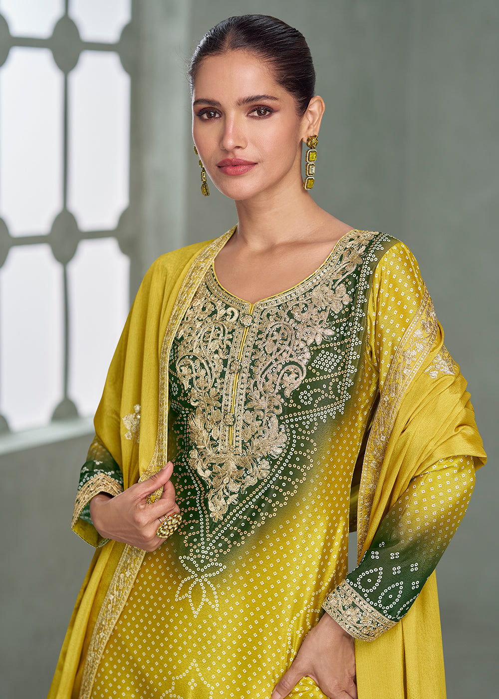 Buy Now Premium Ombre Mustard & Green Festive Style Palazzo Suit Online in Newark, Yorktown, Toronto, London, Orlando, Munich, Chicago & Worldwide at Empress.