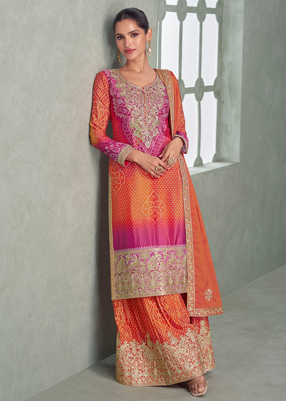 Buy Now Premium Ombre Orange & Pink Festive Style Palazzo Suit Online in Newark, Yorktown, Toronto, London, Orlando, Munich, Chicago & Worldwide at Empress.