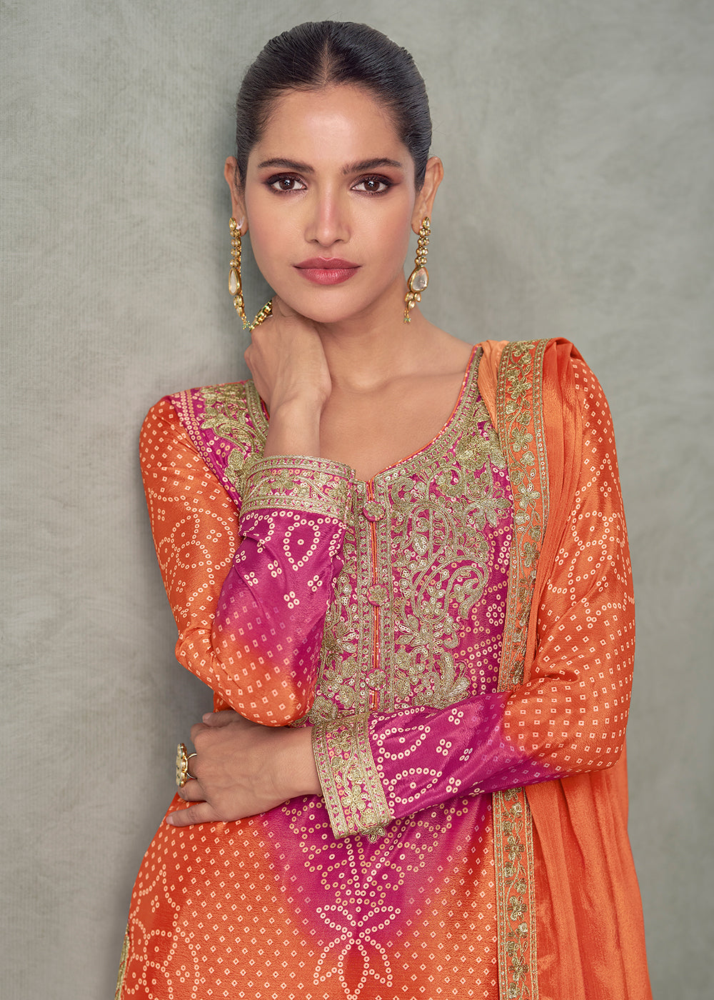 Buy Now Premium Ombre Orange & Pink Festive Style Palazzo Suit Online in Newark, Yorktown, Toronto, London, Orlando, Munich, Chicago & Worldwide at Empress.